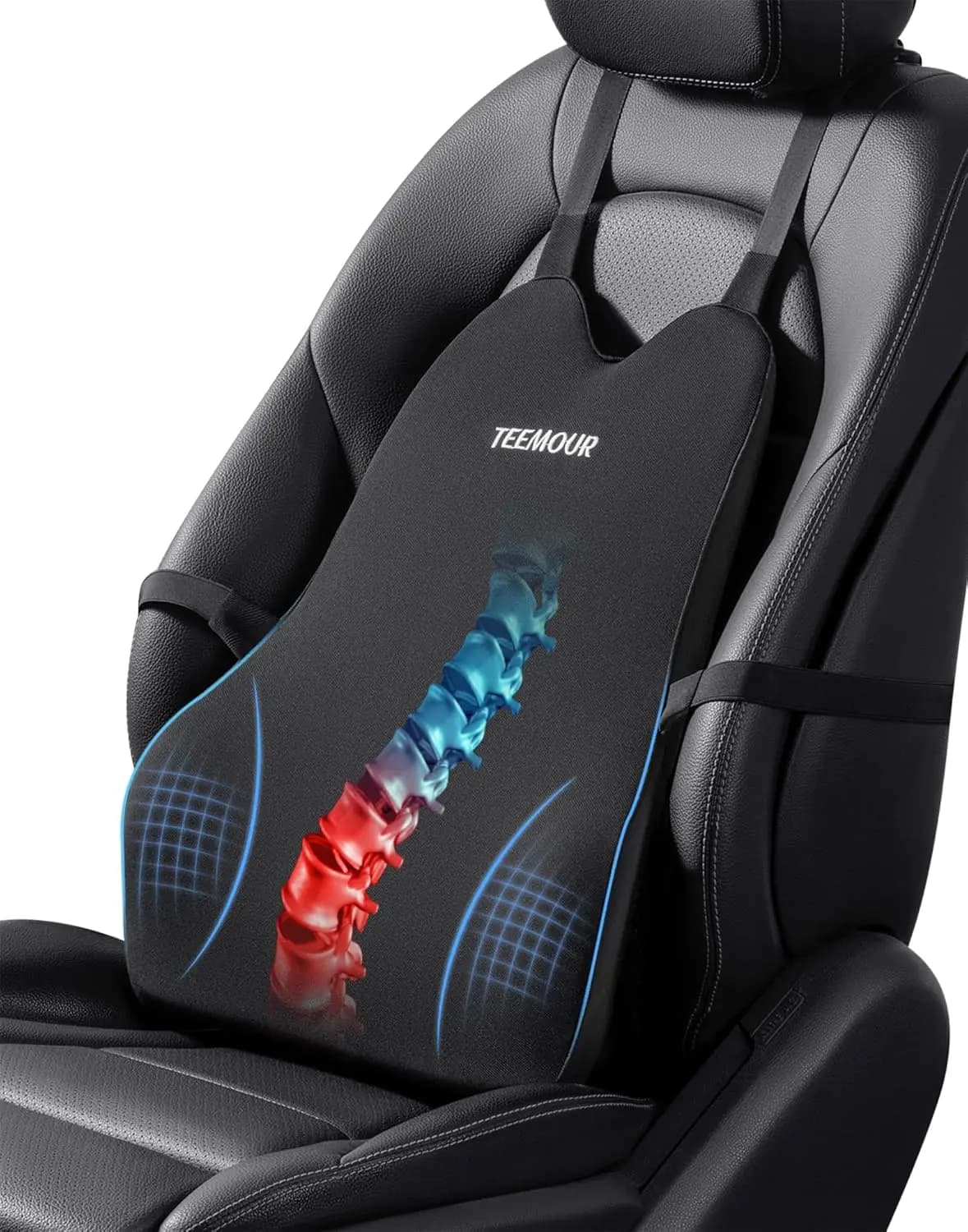 Cuscino Lombare in Memory Foam per Sedili Auto e Camion, con Cinghie Regolabili per Alleviare il Dolore alla Schiena, Nero