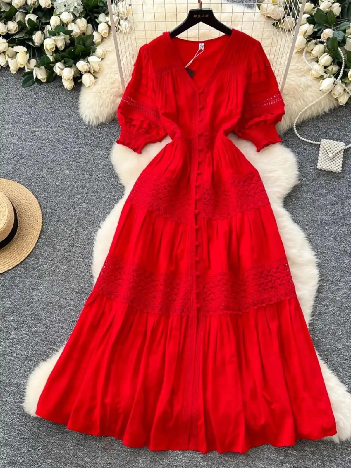 Abiti lunghi eleganti Donna Vacanza estiva Scollo a V Manica a palloncino Ricamo Bottoni scavati Abiti da festa midi in lino di cotone