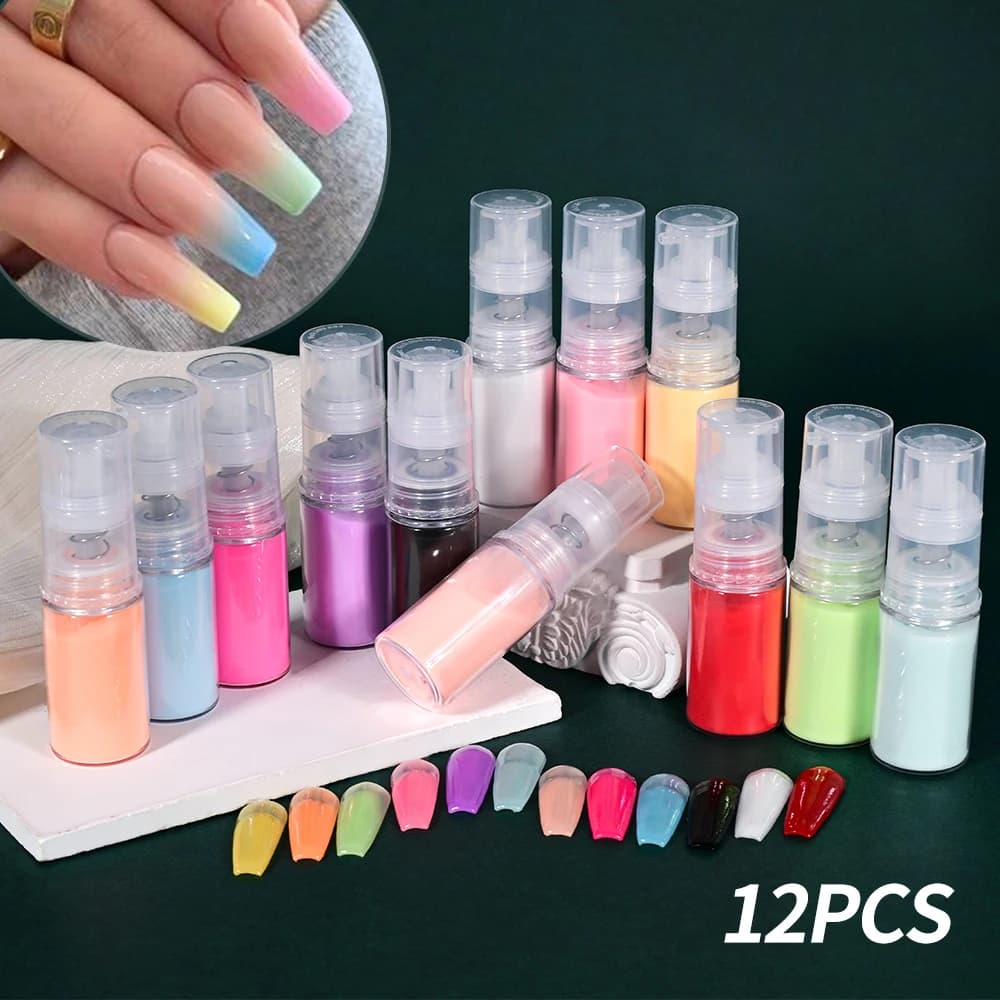 12 bottiglie di polvere spray al neon Ombre facile da raggiungere per unghie Ombre Design Press Pump Gradiente Nail Art Pigmento pastello Press on Nails