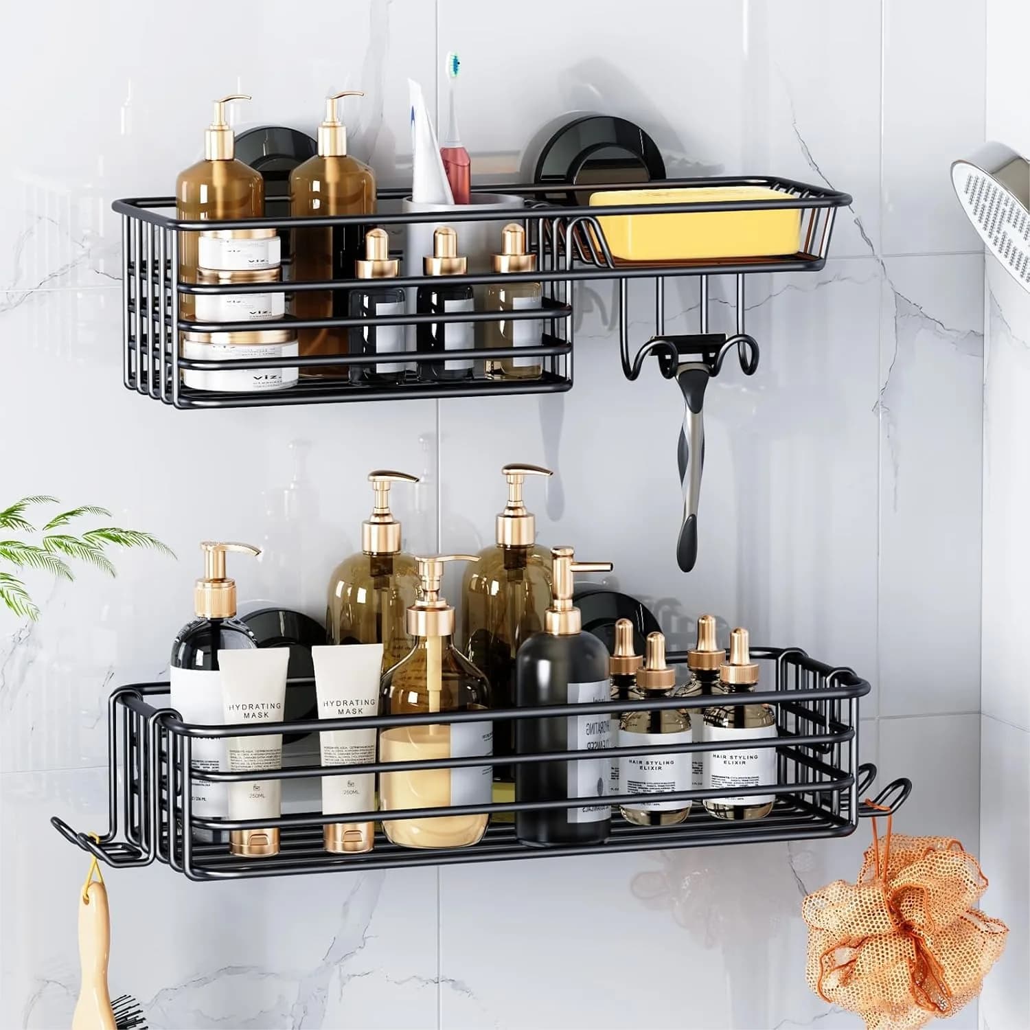 Organizer per Doccia con Ventosa, Set da 2, Portaoggetti da Bagno Antiruggine con Ganci e Portasapone, Senza Foratura
