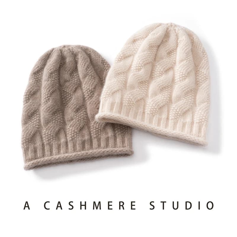 Women's Thickened Three Needle Cashmere Knitting Hat 100% Pure Goat Cashmere Fashion Twist Steam Roll Edge Winter Warm Hat