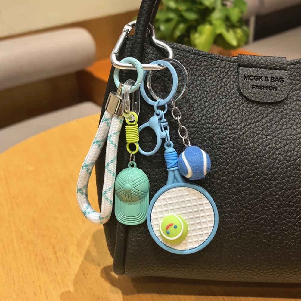Fashion Tennis Ball Tennis Racket Keychain PVC Baseball Cap Bag Charm Pendant Car Hanging Keyring Daily Use