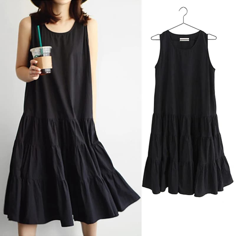 Summer Long Sleeveless Cake Skirt Dress Korean Style Loose Waist Gown Cotton Blend Vest Top Drapey Base Layer Women's Dress
