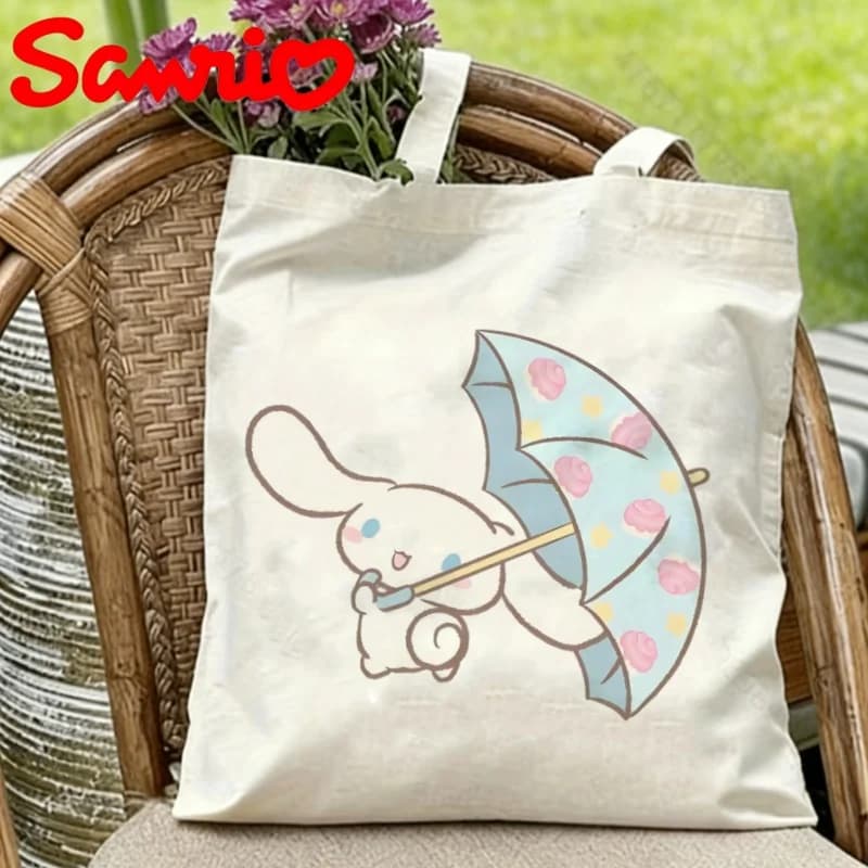 1PC Sanrio Cinnamoroll Borsa tote in tela con stampa a doppia faccia con motivo a ombrello, borsa a tracolla riutilizzabile ecologica