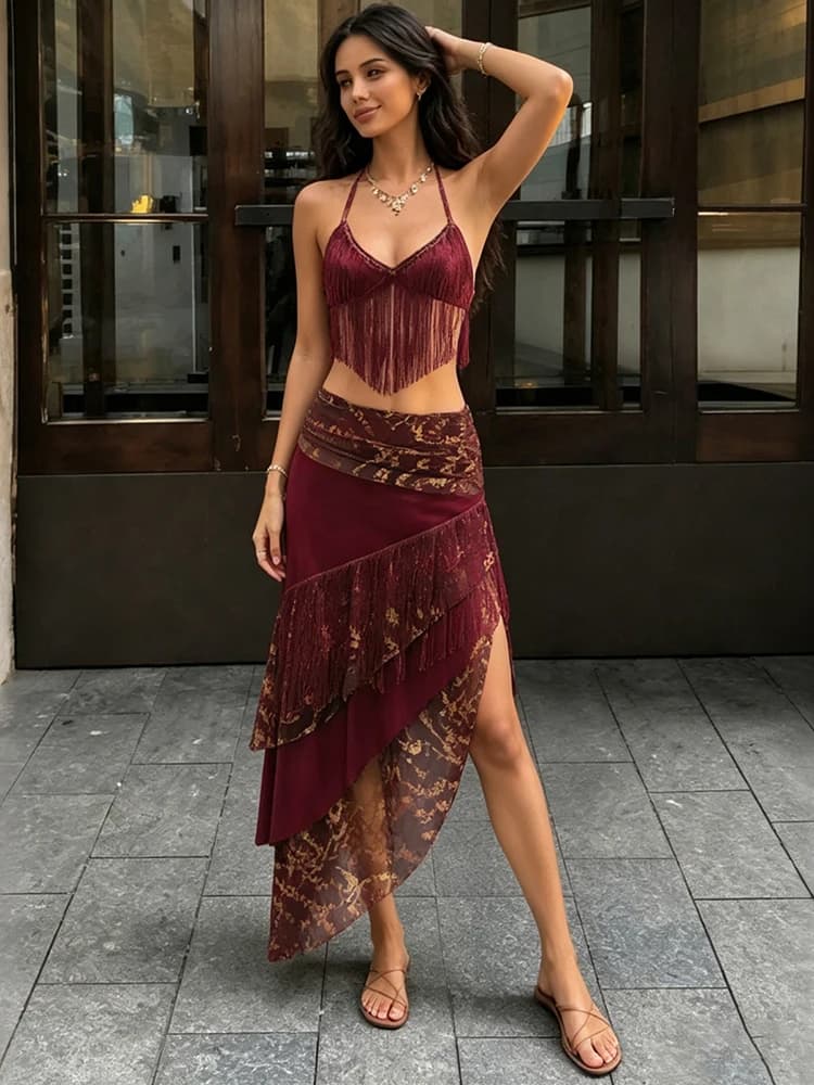 Weird Puss Leopard Patchwork Tassel 2 Piece Set Women Sexy Backless Halter Bandages Tank Top+Irregular Hem Skirt Hottie Clubwear