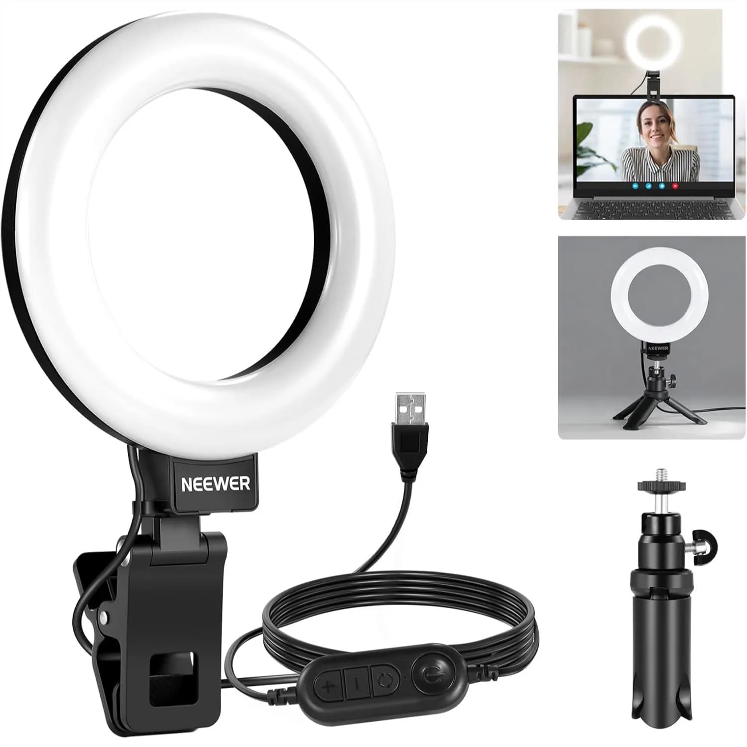 Luce ad Anello da 5 Pollici per Videoconferenze, Kit di Illuminazione con Clip e Treppiede da Tavolo per Monitor, Laptop, Chiamate Zoom e Dirette