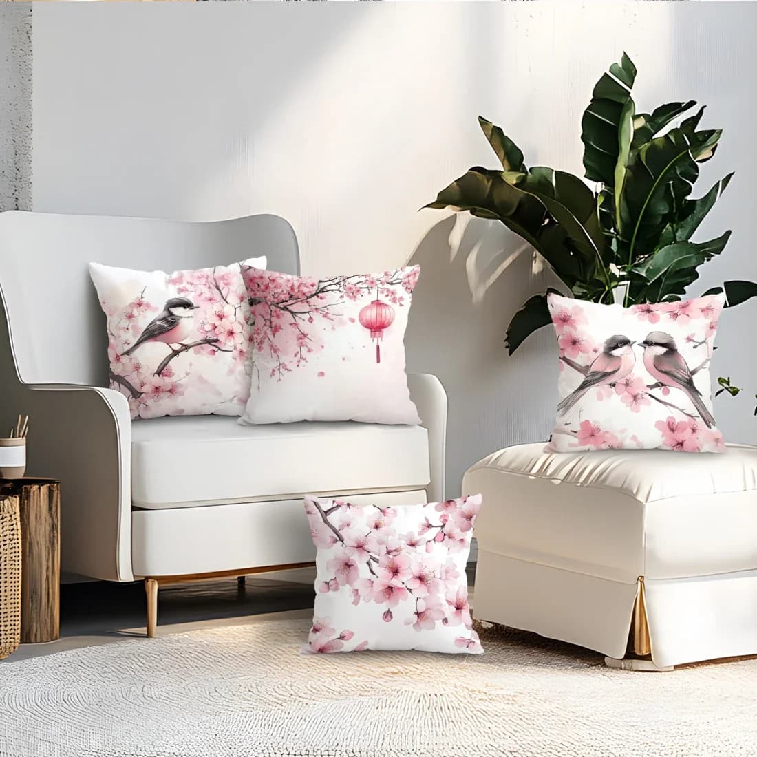 4 pieces of pillow cover with pink cherry blossom print, single-sided, for living room, bedroom, car, home decoration