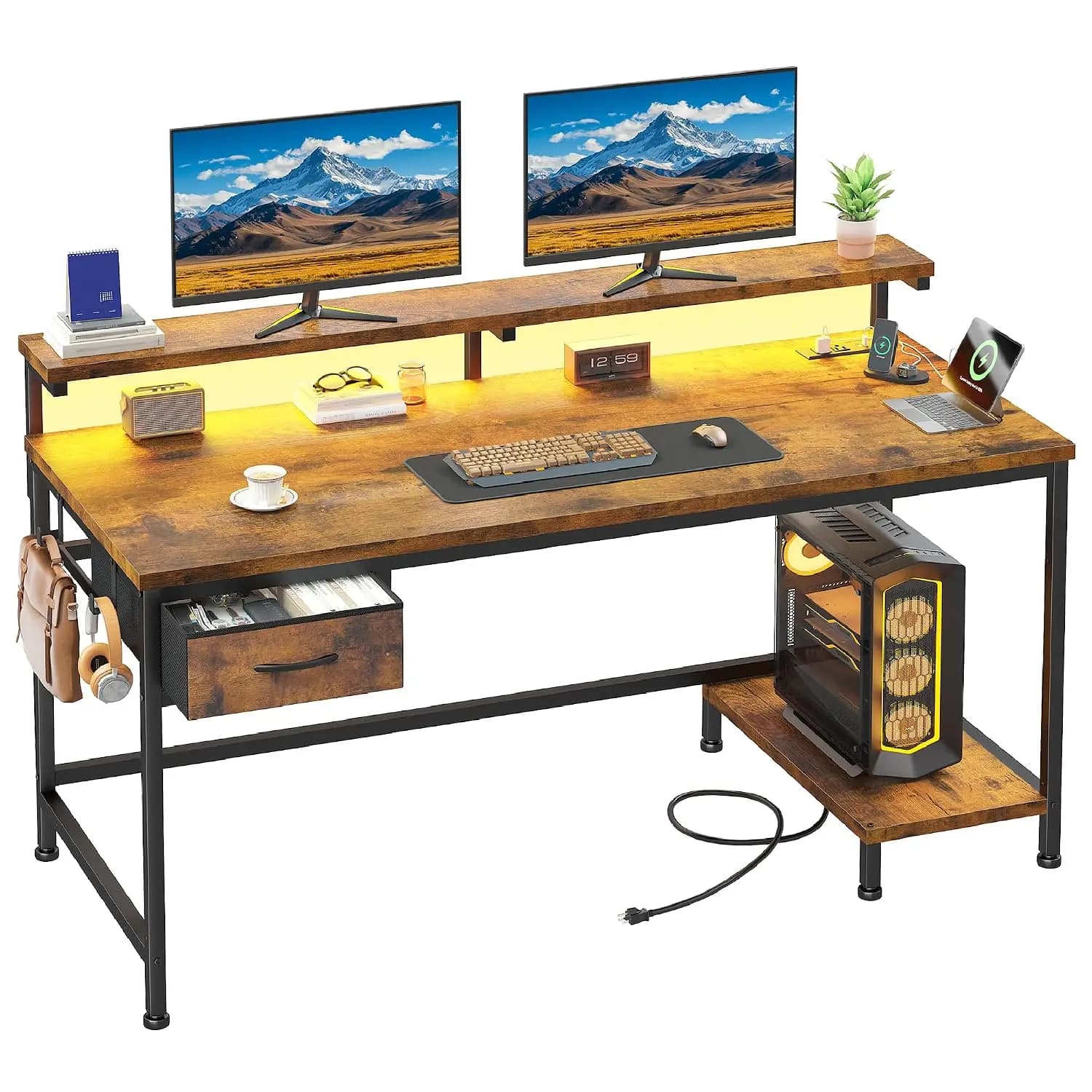 47.2" Office Desk with Power Outlet, Monitor Stand, LED Lights, CPU Stand, Drawer, Hooks, Home Work Bedroom, Customized