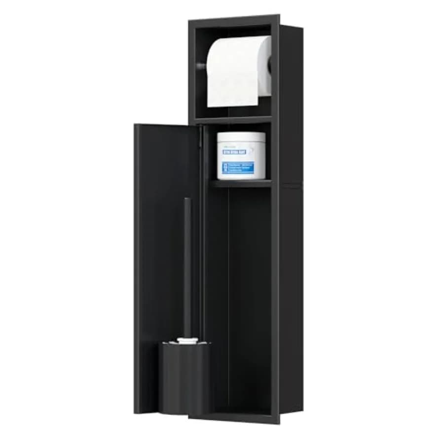 Portascopino da Bagno a Incasso in Acciaio Inox SUS304 Antiruggine, Armadietto Portascopino e Portarotolo da Parete per Bagno, Nero Opaco, 4 Scomparti