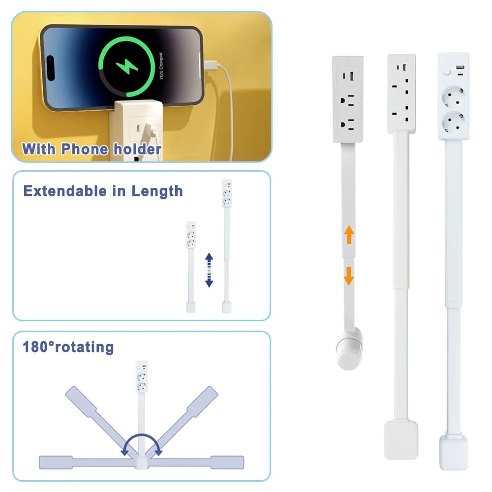 Power Socket 360°Rotating, 40-71cm Extendable in Length, Electrical Wall Plug Power Outlet Extender EU UK US Plug with USB Ports