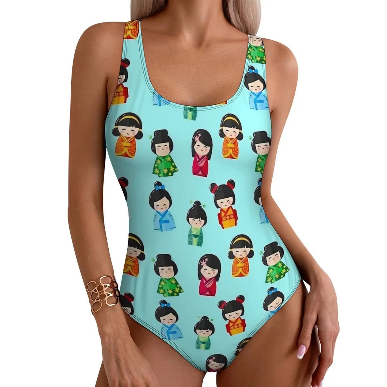 Kokeshi Costume da bagno per bambole giapponesi Costume intero push up Costume da bagno moderno Body grafico fitness sexy