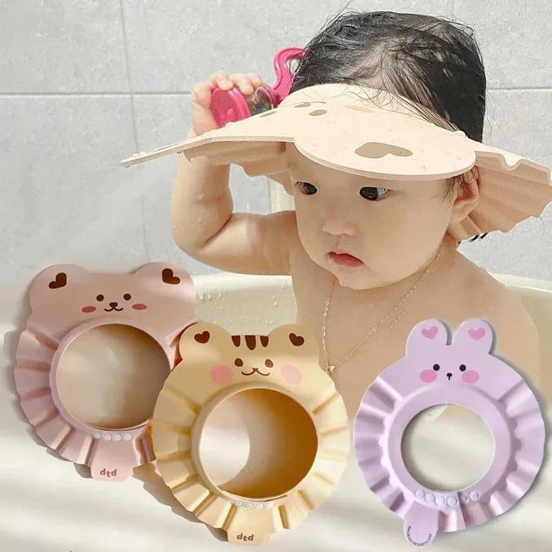 Cuffia da doccia regolabile con orso carino, protezione per gli occhi del bambino, protezione per le orecchie, protezione per il bagno infantile, cappello per lavare i capelli morbidi