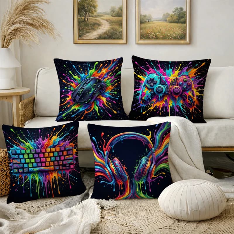4Pcs Gaming Print Pillow Covers Polyester Cushion Cases for Gamer Room Decor
