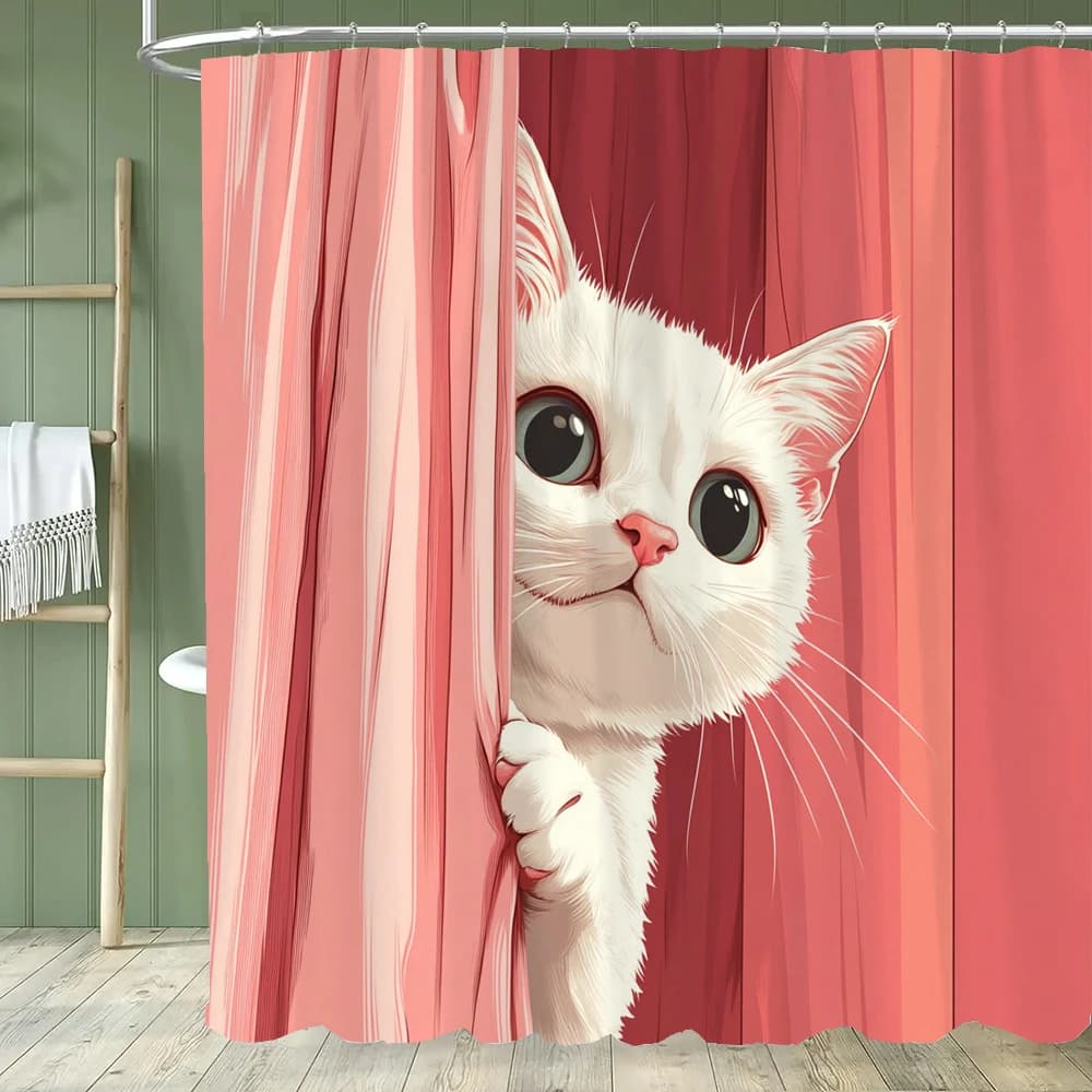 Tenda da doccia con gatto hipster dei cartoni animati - Con ganci, facile da pulire, aggiunge un tocco originale ed elegante al tuo bagno