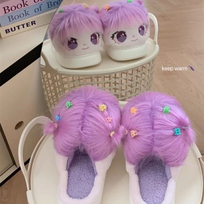 Pantofole Invernali Comode e Calde in Cotone per Donne, Stile Y2K con Grandi Occhi, Decorazione a Forma di Bambola