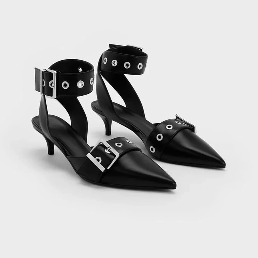 Women's Sandals Spring 2026 with Buckle, Metallic Rivets, Closed Toe, Medium Heel, Buckle Strap, Roman Model, Black/White