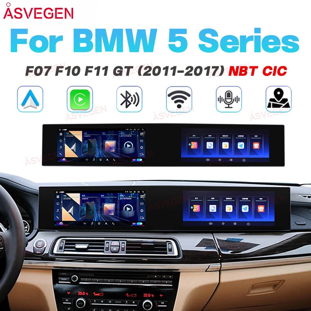 Schermo Curvo Doppio da 21 Pollici per BMW Serie 5 F10 F11 F07 2011-2017 CIC NBT, 8-Core Snapdragon Android 13, Blue Ray CarPlay, GPS Originale
