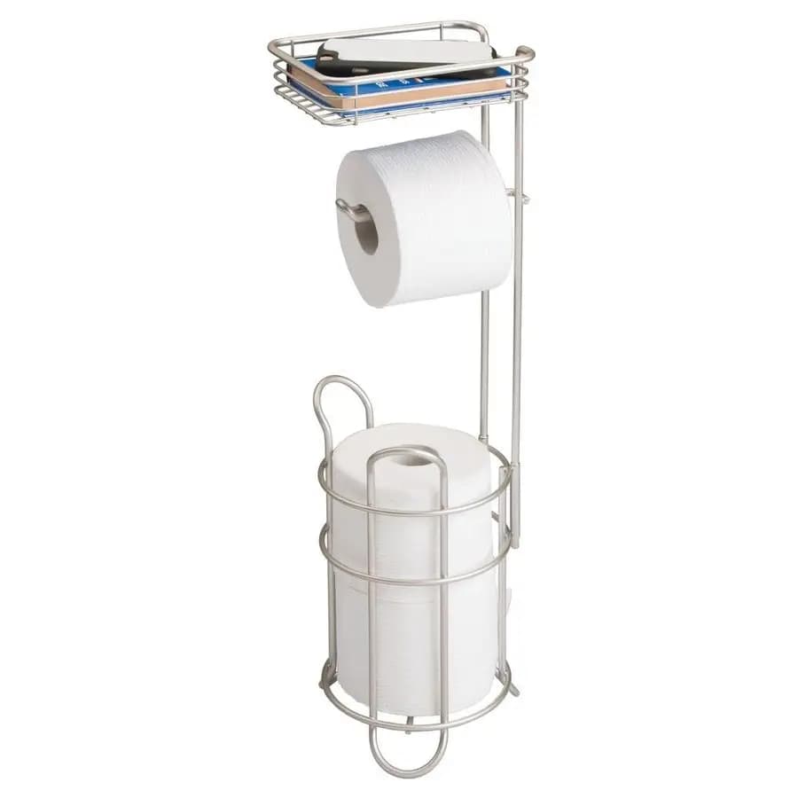 Portarotolo da terra in acciaio con dispenser e ripiano portaoggetti, Collezione Concerto Satin, contiene 2 rotoli extra mega