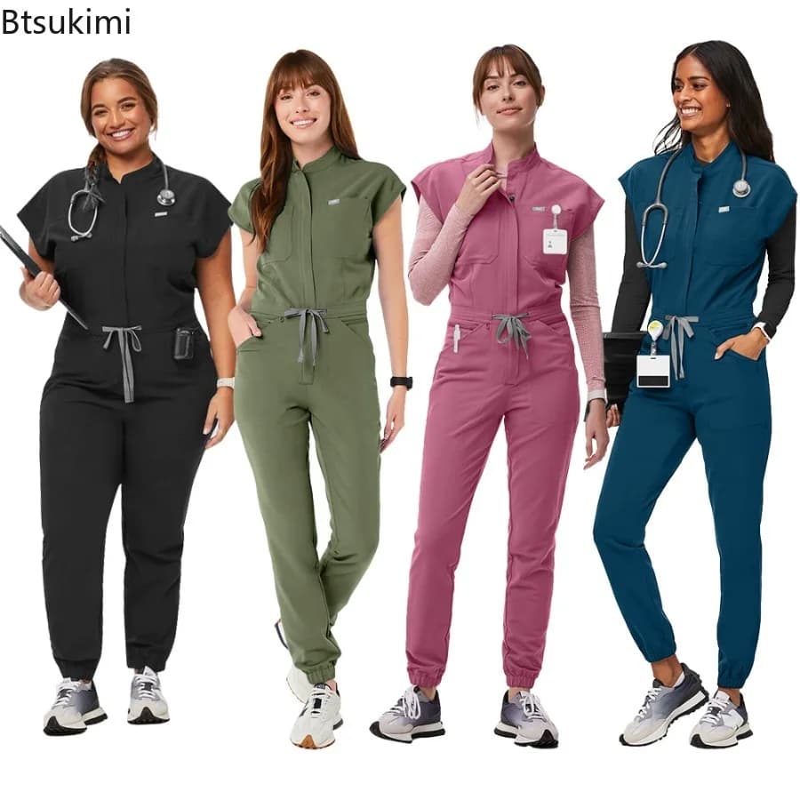 Fashion Zipper Jumpsuit Medical Uniform Health Service Nursing Romper Pet Grooming Nurse Uniform Onesie Short Sleeved Workwear