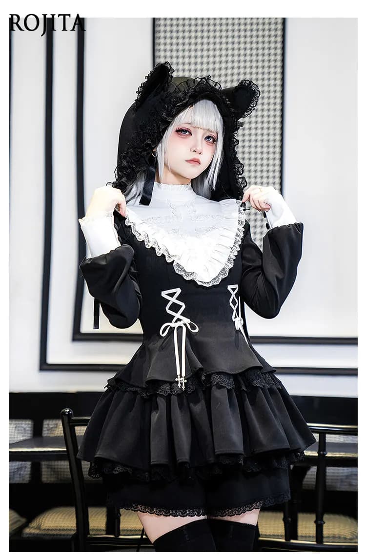 Abito Lolita da donna con pendolo a foglia di loto, design originale, dolce e raffinato, in pizzo elegante con bordo a fungo, vestito e pantaloncini