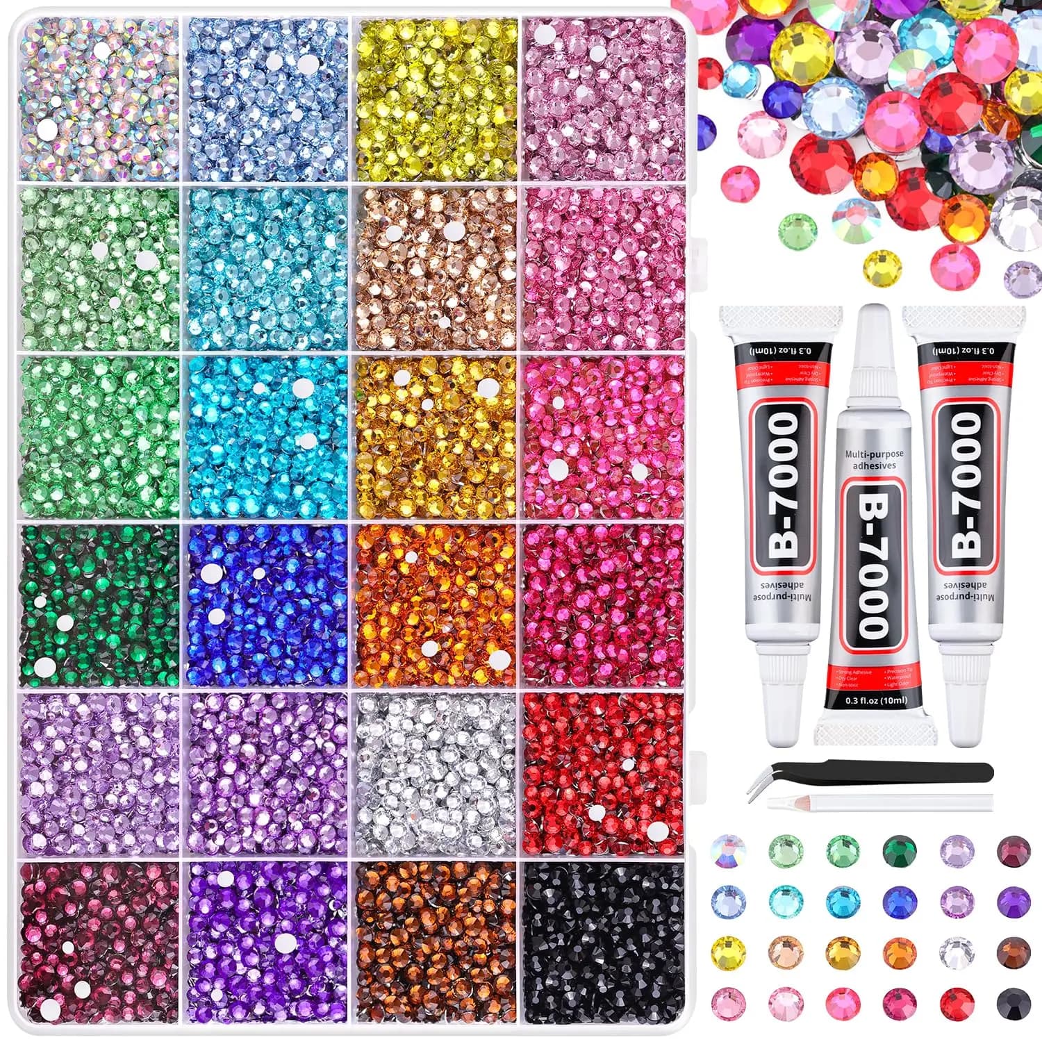 22000 Pezzi di Strass in Resina con Pinzette e Colla, Multicolore 2/3/4mm per Artigianato Fai-da-Te, Abbigliamento, Scarpe, Nail Art