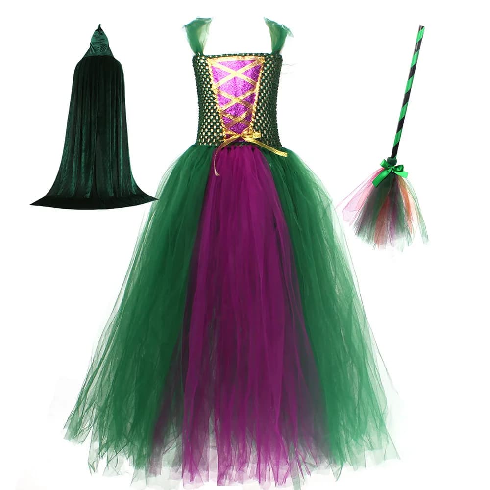 THEEPER Girls Halloween Witch Costume Optional Cape Broom, Kids Tulle Tutu Dress for Halloween Cosplay Theme Party Dress Up