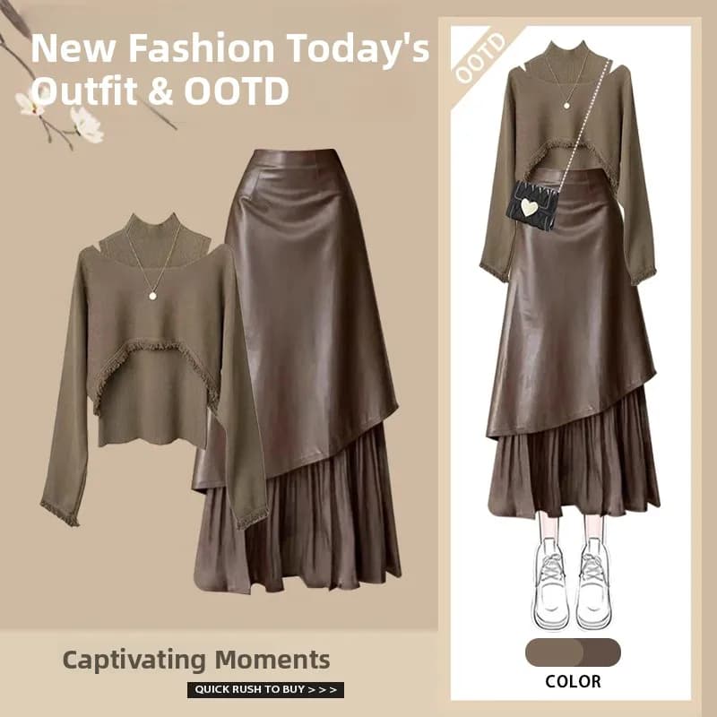 Completo Vintage Autunnale da Donna Melne: Gonna a Vita Alta, Gilet e Top a Maniche Lunghe in Maglia - Set Casual a Tre Pezzi