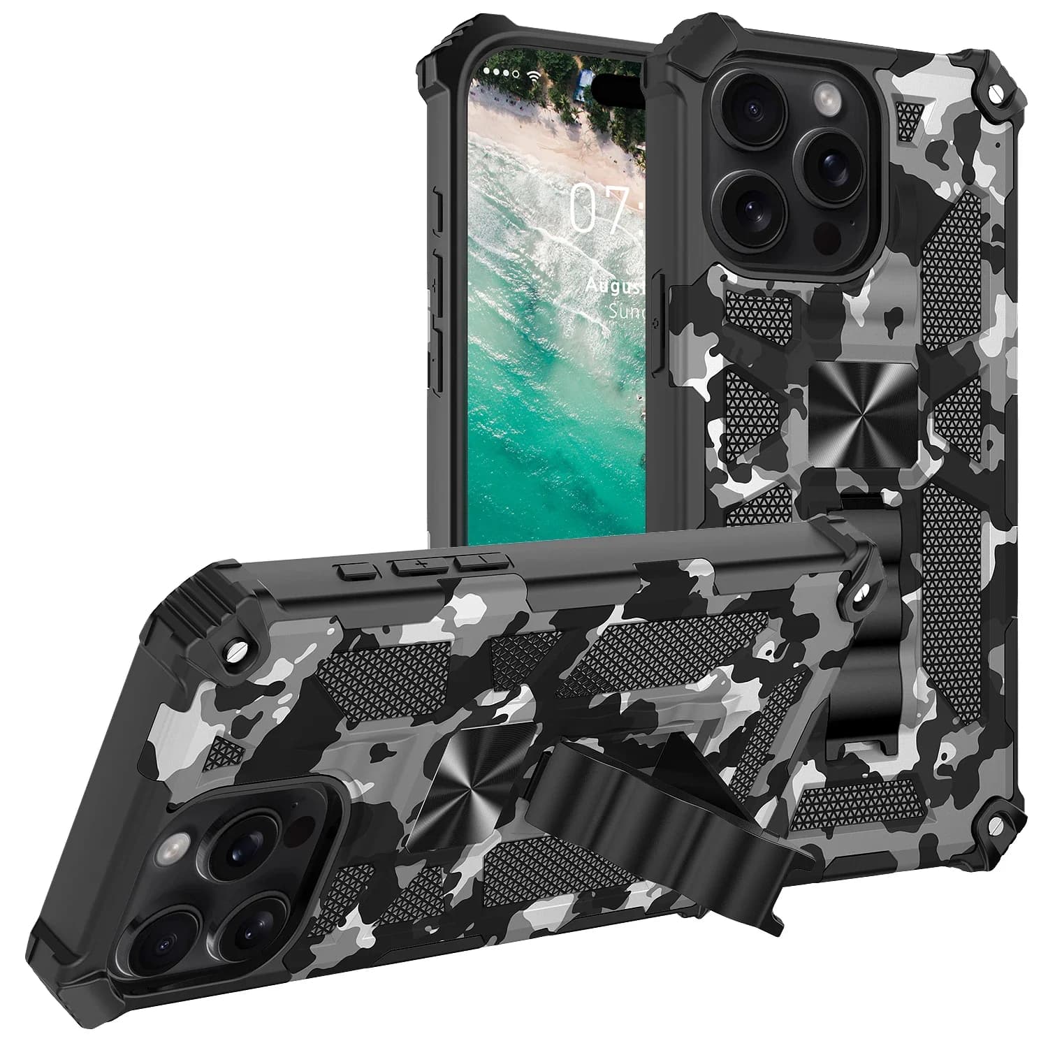 Camouflage Armor Shockproof Case For iPhone 11 12 13 14 15 16 Plus 17 Pro Max Air TPU Frame Plastic Hidden Kickstand Phone Cover
