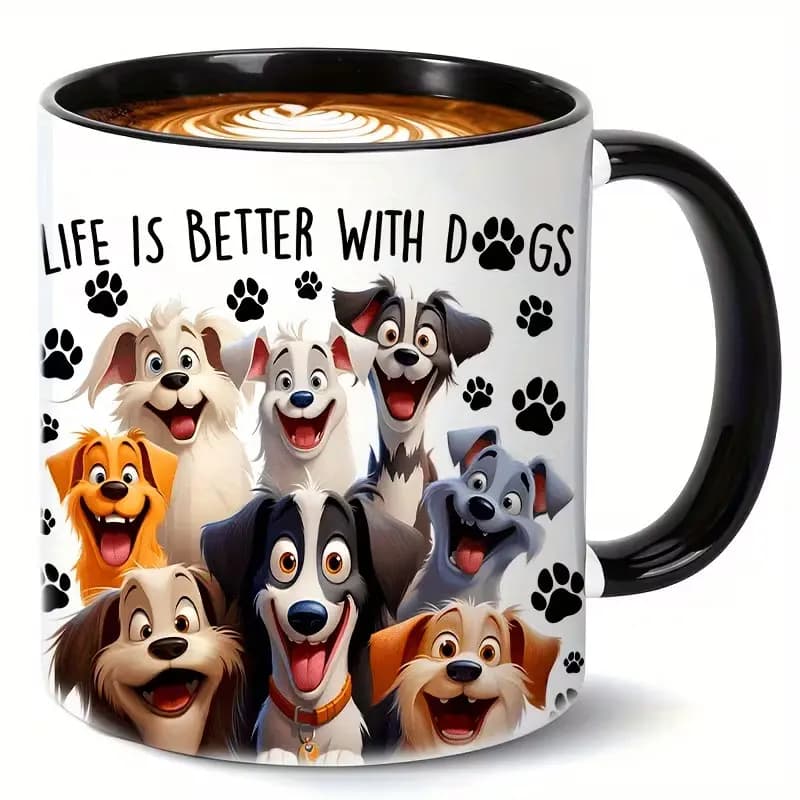 A 11-Ounce Ceramic Mug with the Phrase "Life Is Better with Dogs" — the Perfect Gift for Animal Lovers, a Fun Coffee Mug Suitable for Birthdays and Holidays