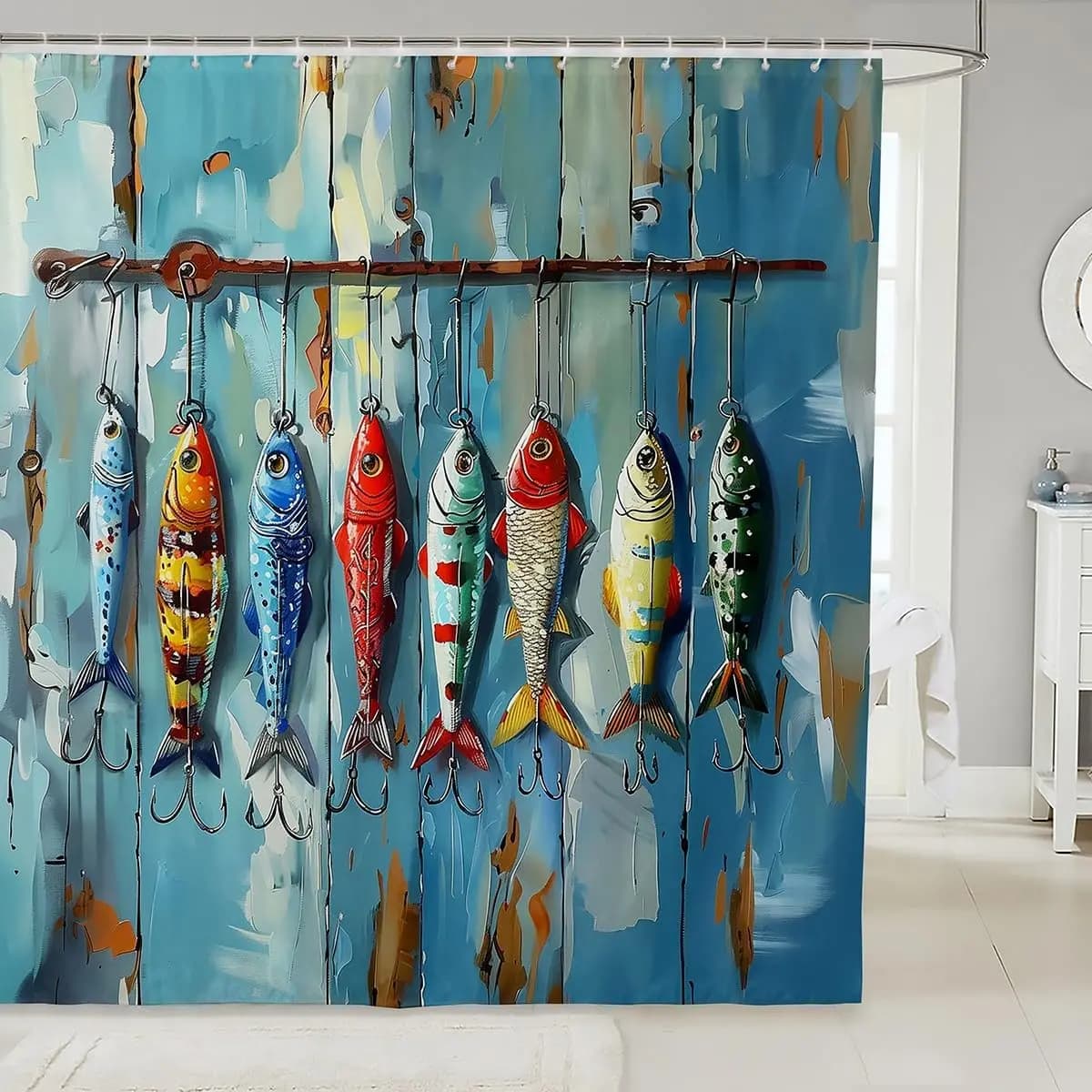 Vibrant Fishing Fish Shower Curtain Blue Nautical Ocean Theme Bathroom Decor Artistic Rod Hanging Liner Shower Curtain