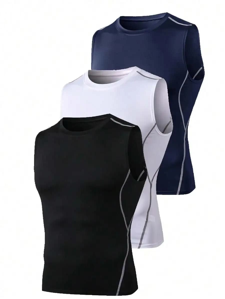 Confezione da 3 canotte a compressione slim fit da uomo, senza maniche, ad asciugatura rapida, per allenamento in palestra, abbigliamento sportivo estivo