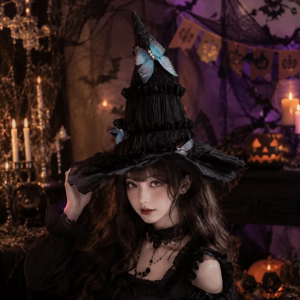 Gothic Halloween Hat Tall Pointed Cone Top Butterfly Hair Clips Women's Wizard Cap Bendable Removable Lolita Witch Hat