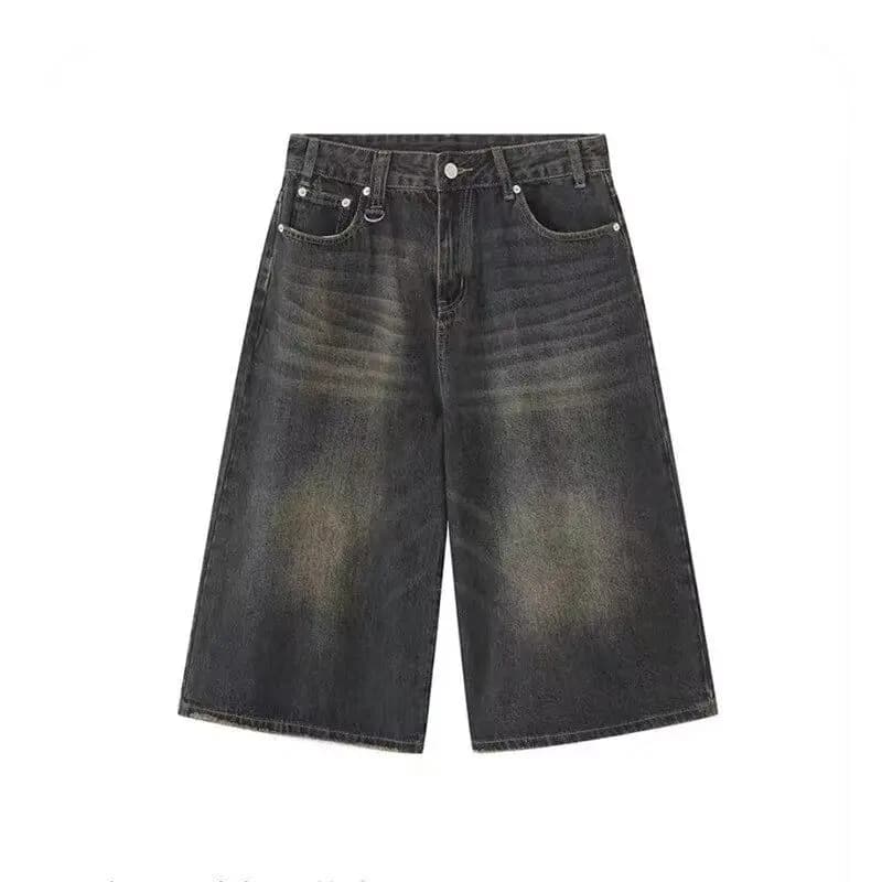 Retro Y2k Baggy Women Men Black Jeans Low Waist Casual Wide Pants Frayed Denim Shorts Big Size Clothes