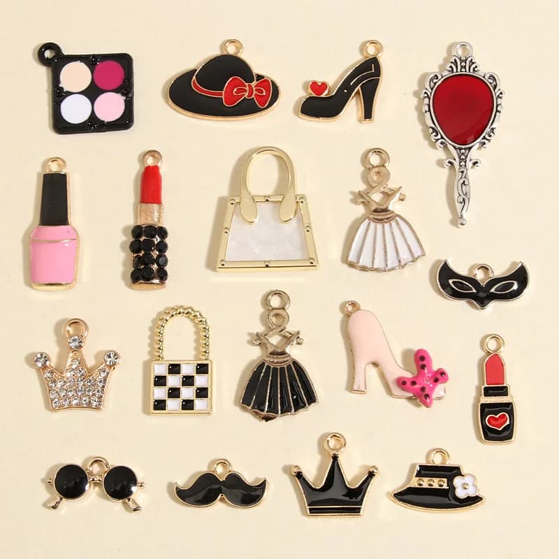 10pcs Gold Color Mix Cute Enamel Lipstick Nail Polish Charms Tittivate Pendant For DIY Handmade Jewelry Making Accessories