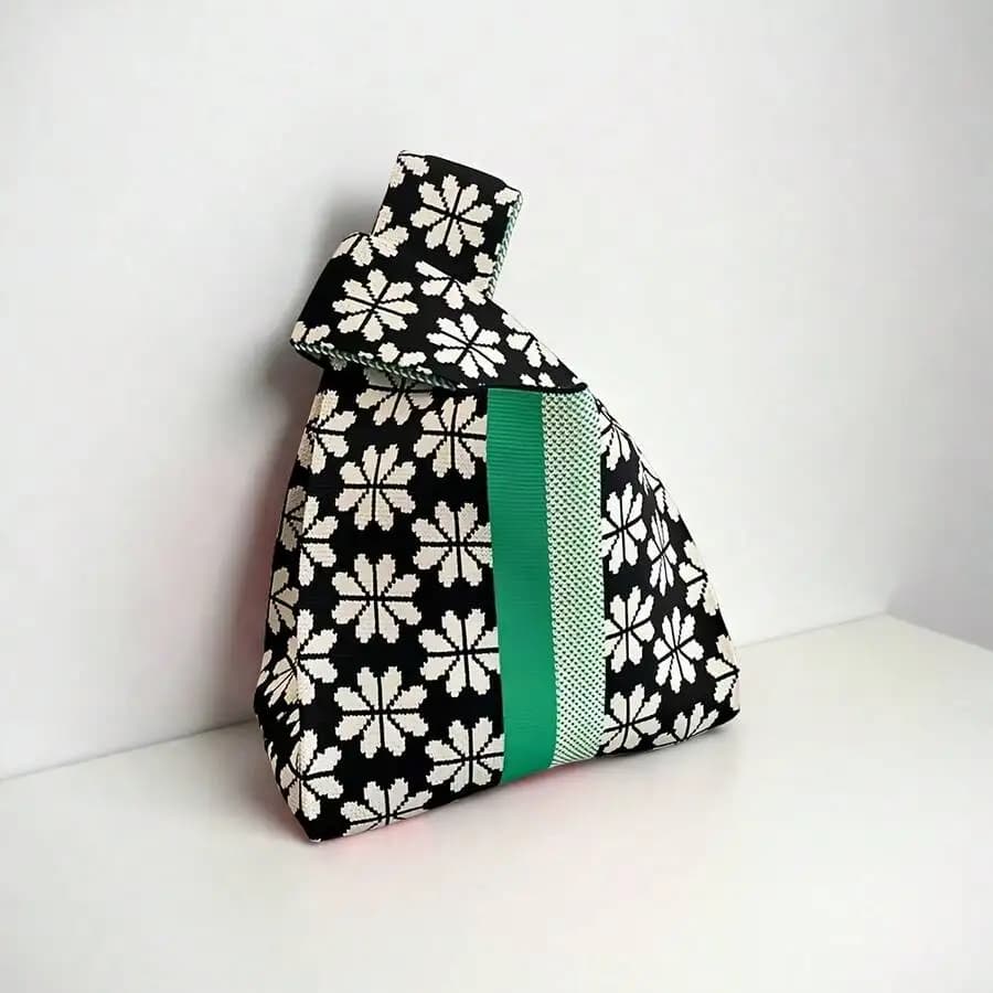 Knitted Floral Handbag With Green Stripe Pattern Womens Polyester Shoulder Bag
