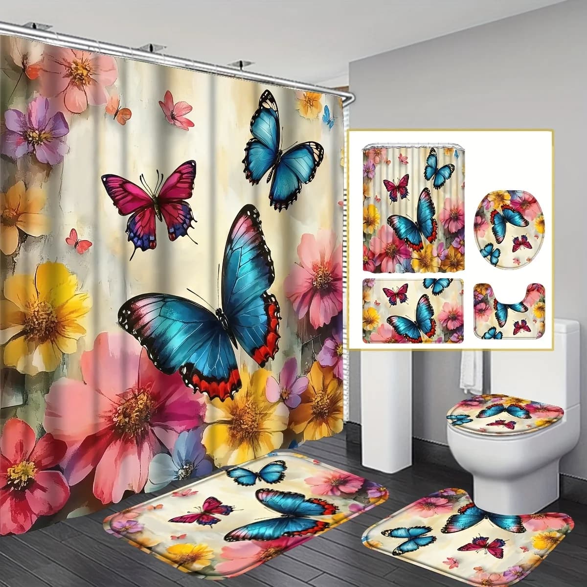 Tenda da doccia floreale vibrante da 4 pezzi Farfalla colorata e fiori in fiore Costume da bagno Tappetino da bagno Set da tre pezzi