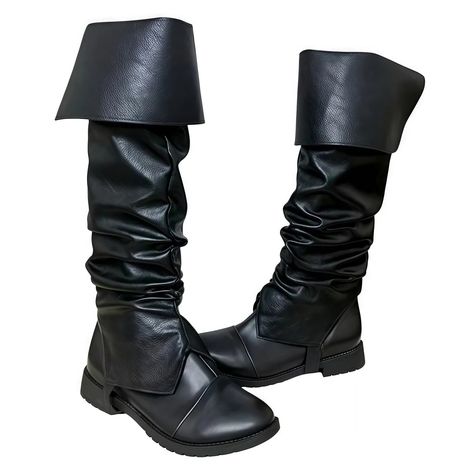 Copristivali da pirata medievale Coprigambe vichinghi da donna per uomo adulto Copristivali gotici in pelle nera pieghettata Accessori di Halloween