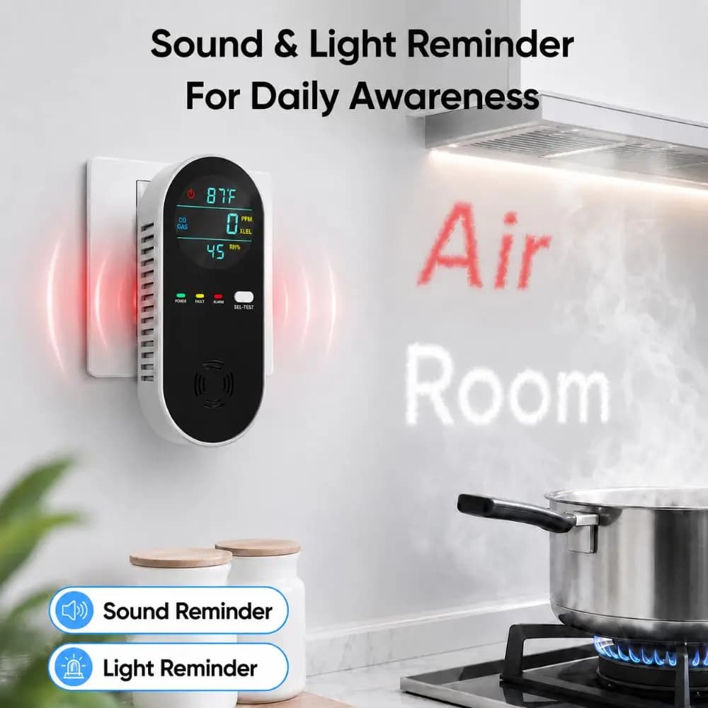 4 in 1 LED Display Gas Detector Multi-functional Safety Alarm CO Sensor Plug In Carbon Monoxide Detector Kitchen