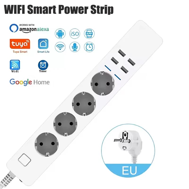 Multipresa Intelligente WiFi con 4 Prese EU e 4 Porte USB, Controllo App e Vocale, Compatibile con Alexa e Google Home Assistant