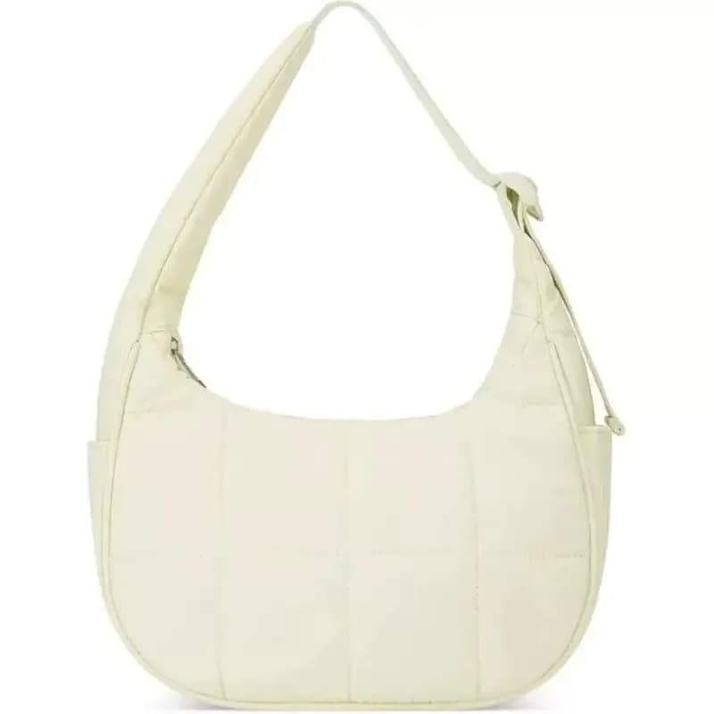Cream Quilted Crescent Hobo Shoulder Bag Lightweight Nylon Sling Bag Adjustable Strap Casual Daily Crossbody Handbag with Side Pockets for Women