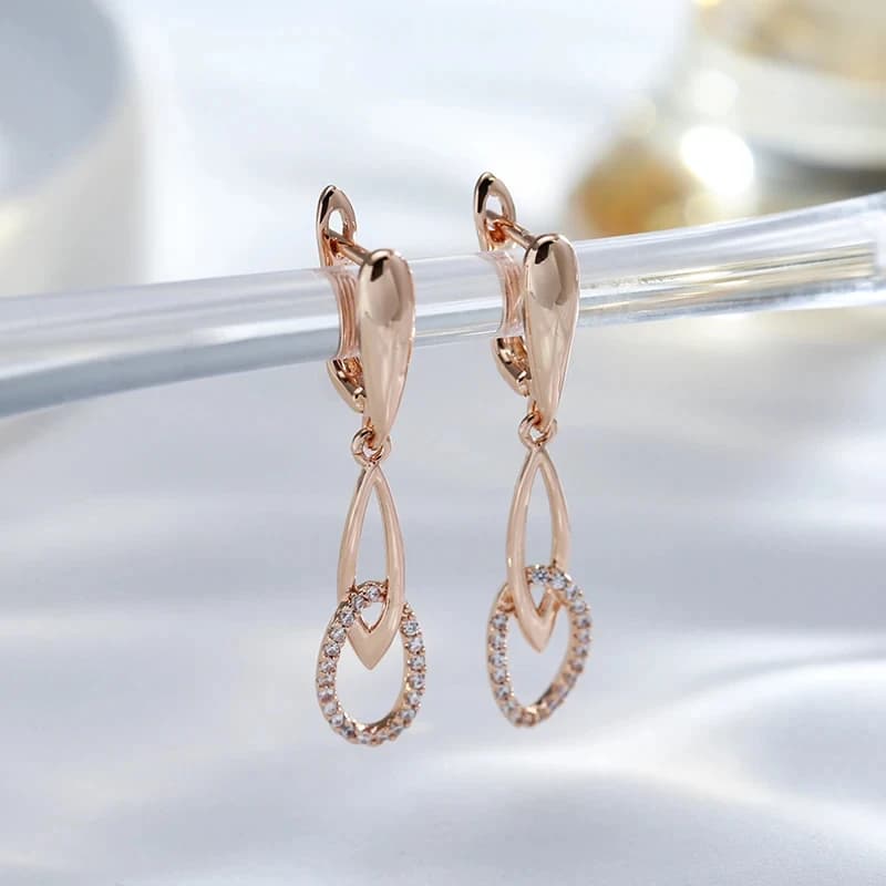 Orecchini Pendenti Eleganti da Donna in Oro Rosa 585 con Zirconi Naturali Bianchi, Gioielli di Lusso per Matrimoni e Feste in Stile Dubai