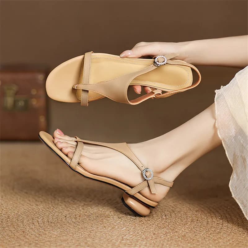 Nuovi sandali estivi Scarpe da donna in pelle crosta Punta tonda Sandali con tacco basso per donna Sandali romani moda Scarpe Tacchi grossi