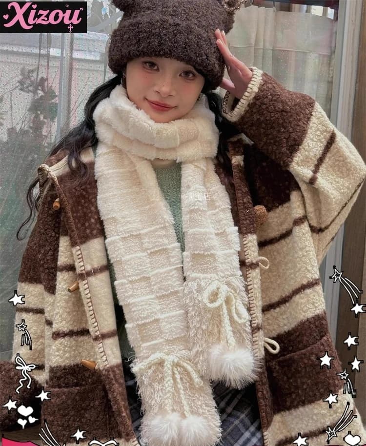 Sciarpa morbida abbinata ai colori giapponese fatta a mano Ins Cute College Wind Hairball Bow Sciarpa morbida per sorella Autunno e inverno da donna
