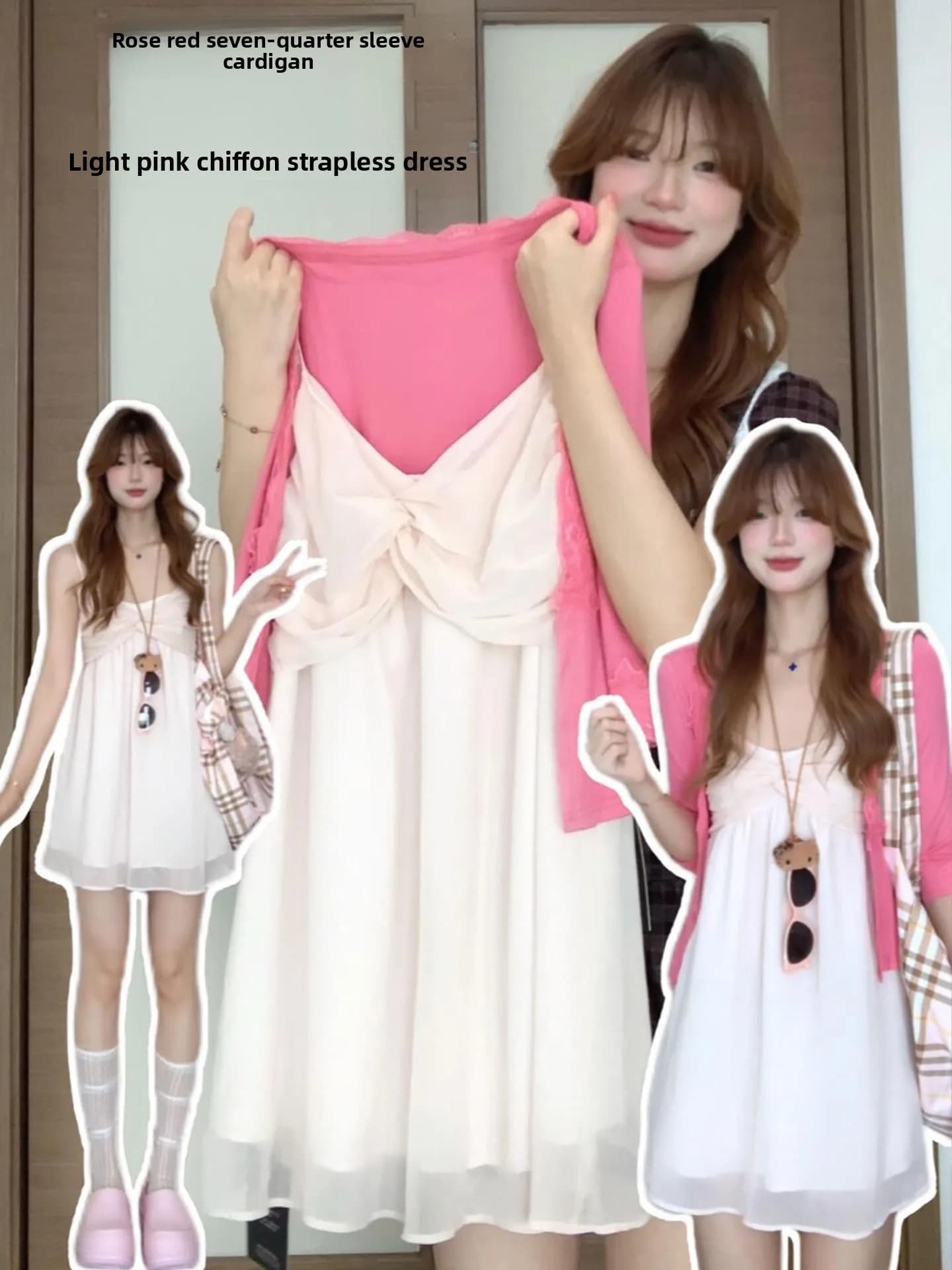 Elegant Pink Open Cardigan And Creamy Strap Dress Two-Piece Set for Job Interview Women's Fashion Ensemble V-Neck Long Sleeve