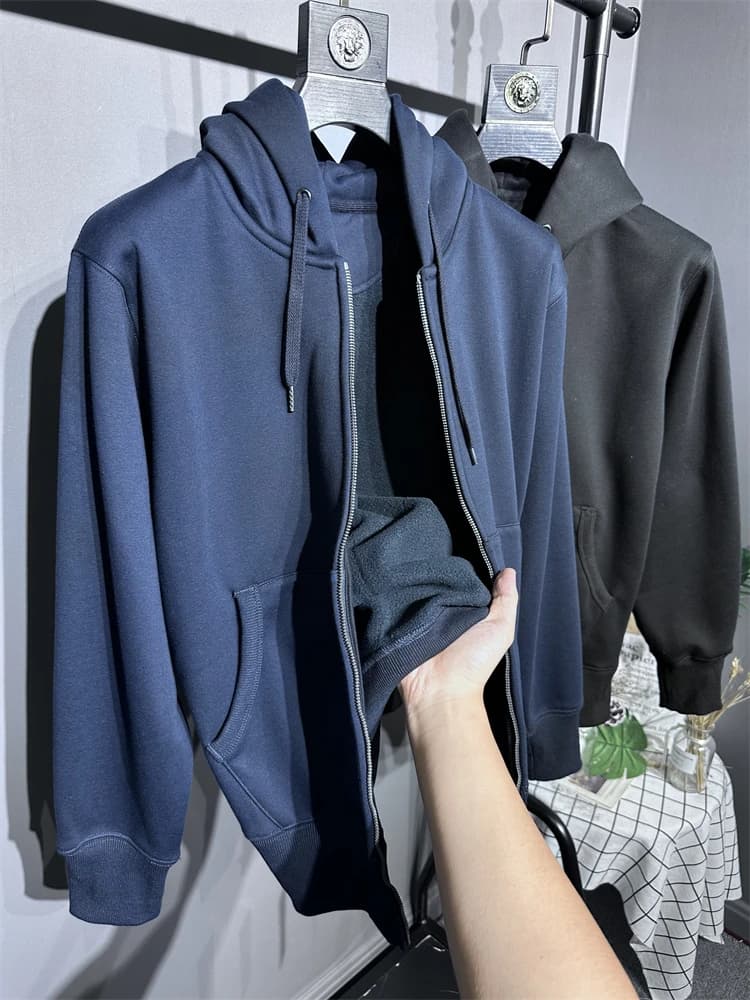 Thickened One-Piece Fleece Hoodie Jacket Men's Pure Color Warmth Youth Fashion Autumn Winter Casual Side Pocket Sweatshirt