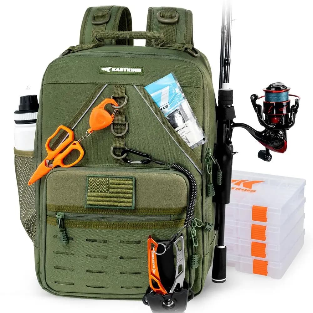 Zaino da Pesca KarryAll con Portacanna, 4 Scatole Porta Attrezzatura, Borsa Portaoggetti da 40,26L per Attrezzatura e Equipaggiamento da Pesca