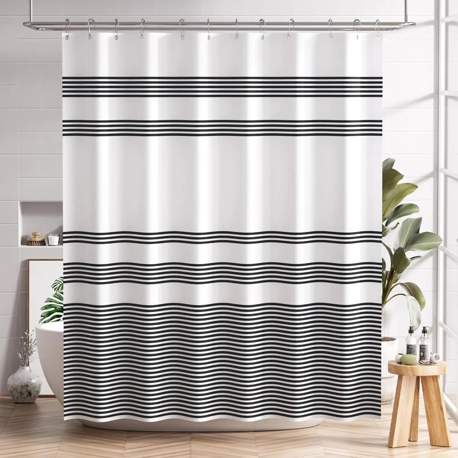 Set Tenda Doccia Lavabile a Righe Bianche e Nere con Ganci, Decorazione Bagno Stile Rustico, 72x72 Pollici