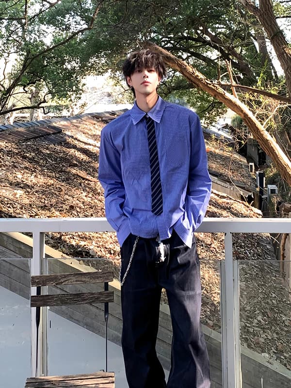 Camicia da uomo a maniche lunghe a righe blu, giacca primaverile in stile americano, top Cleanfit a strati, abbigliamento casual primaverile alla moda
