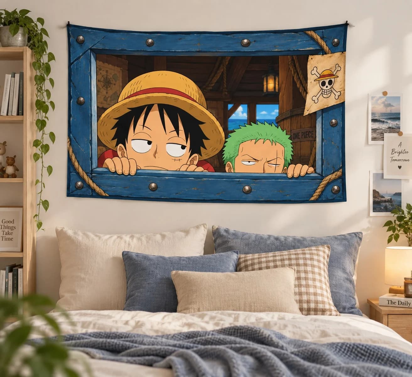 One Piece Luffy Zoro Window Frame Tapestry Blue Wooden Pirate Ship Skull Flag Print Wall Hanging For Anime Fans Home Wall Decor
