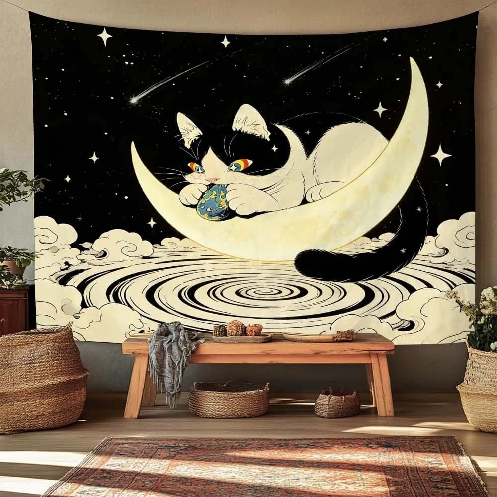 Cosmic Cat on Crescent Moon Tapestry Galaxy Celestial Stars Aesthetic Wall Hanging Polyester Print Boho Home Decor